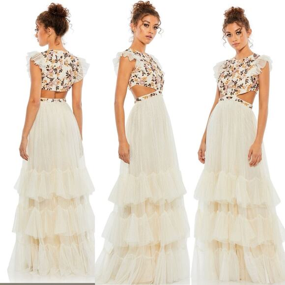 Mac Duggal Embroidered Bodice Cap Sleeve Ruffle Tiered Gown - Picture 1 of 16